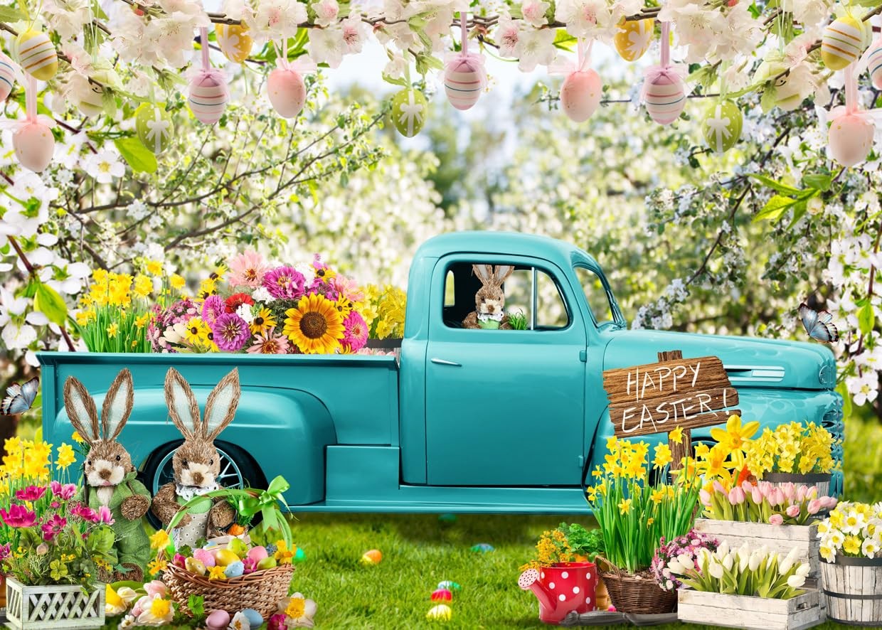 8x6ft Spring Easter Backdrop Blue Truck Colorful Eggs Rabbit Flowers X204