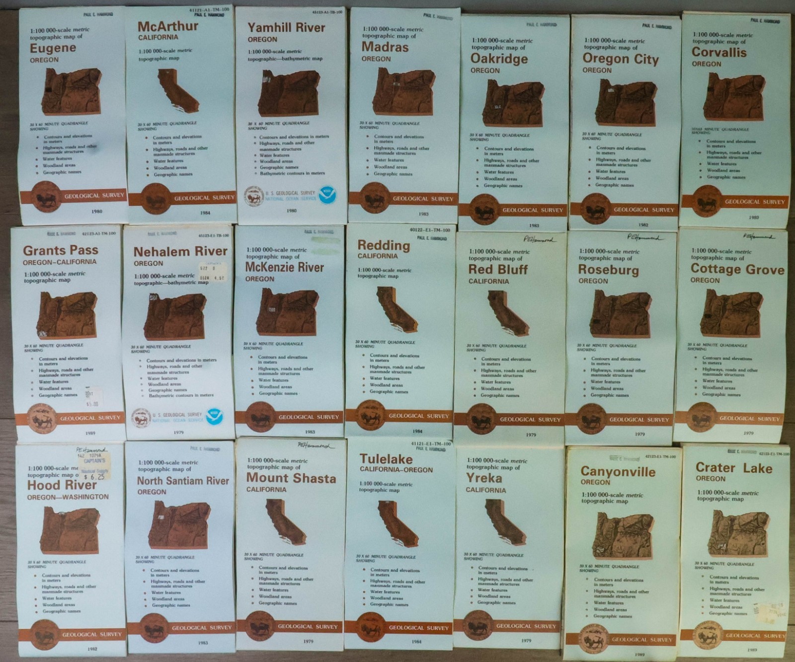 Vintage USGS 1:100,000 Topographic Map Lot (21) Oregon & California 1979-1985 VG
