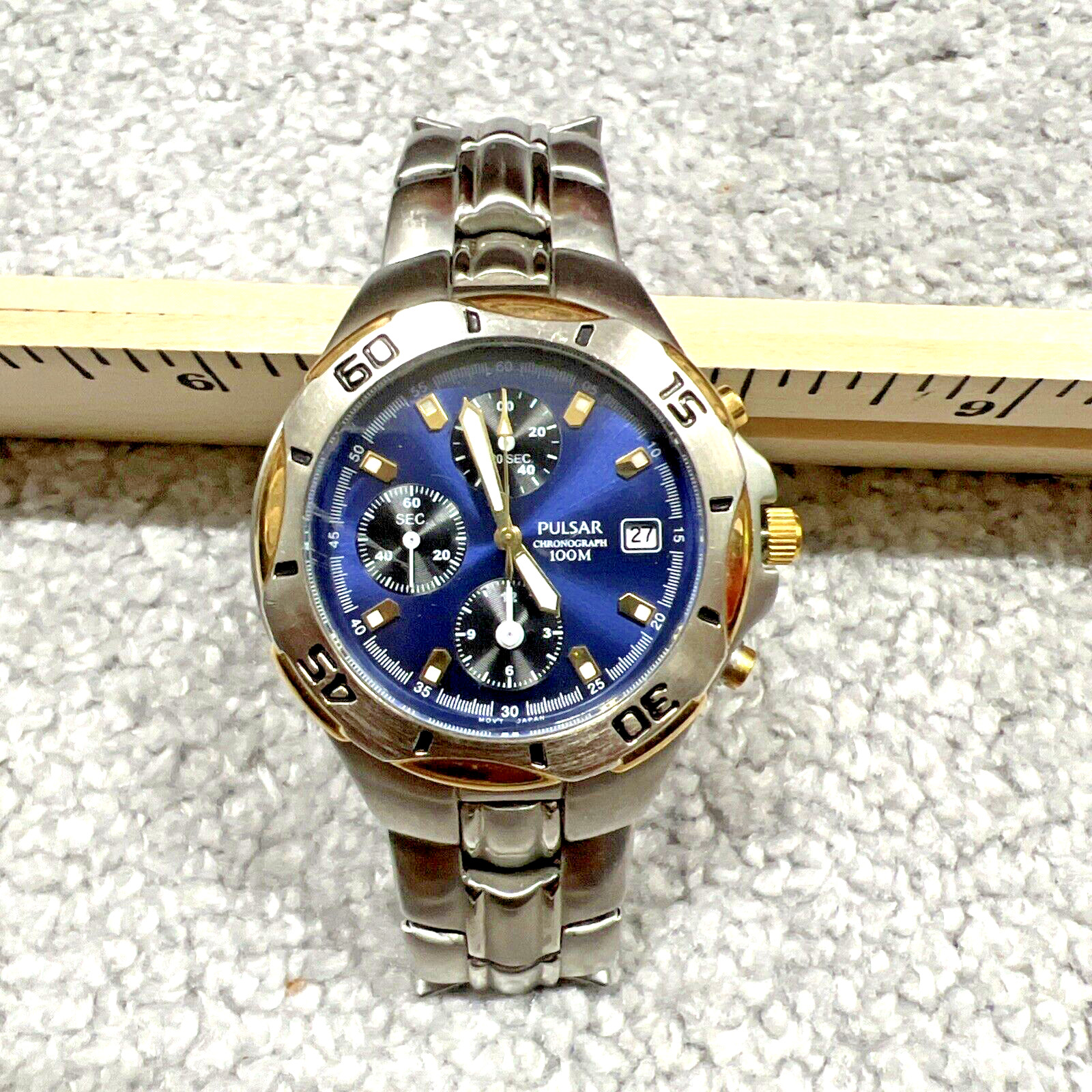 Seiko Pulsar Men's Wristwatch Chronograph 100mm Silver Gold Tone Date #YM92-X013