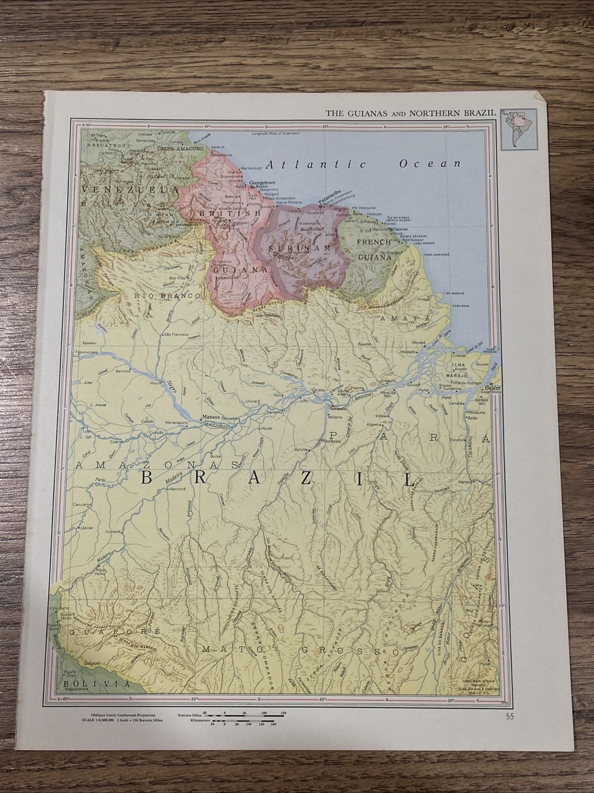 Antique 1956 Map Of The Guianas & Northern Brazil 14”x11”