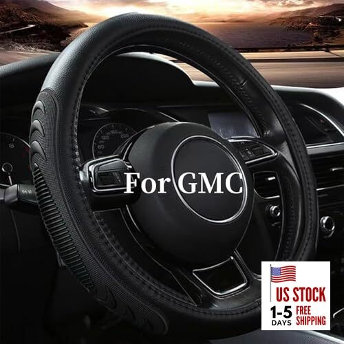 Leather Steering Wheel Cover for GMC Sierra 1500 2500 3500, 14.5-15 Black