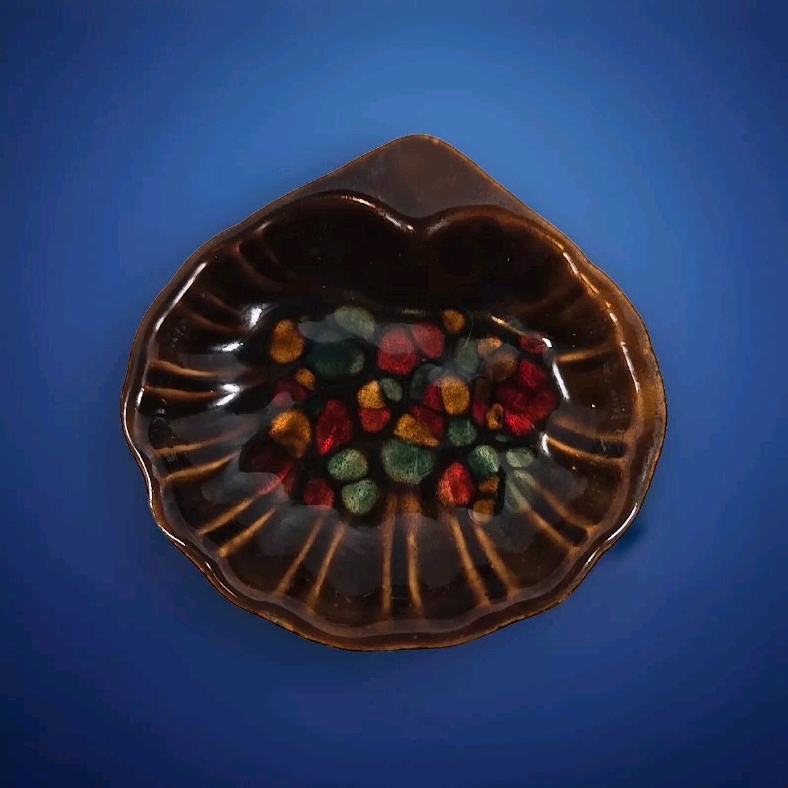 Vintage MCM Enamel On Copper Clam Shell Shape Trinket Dish Small Home Decor