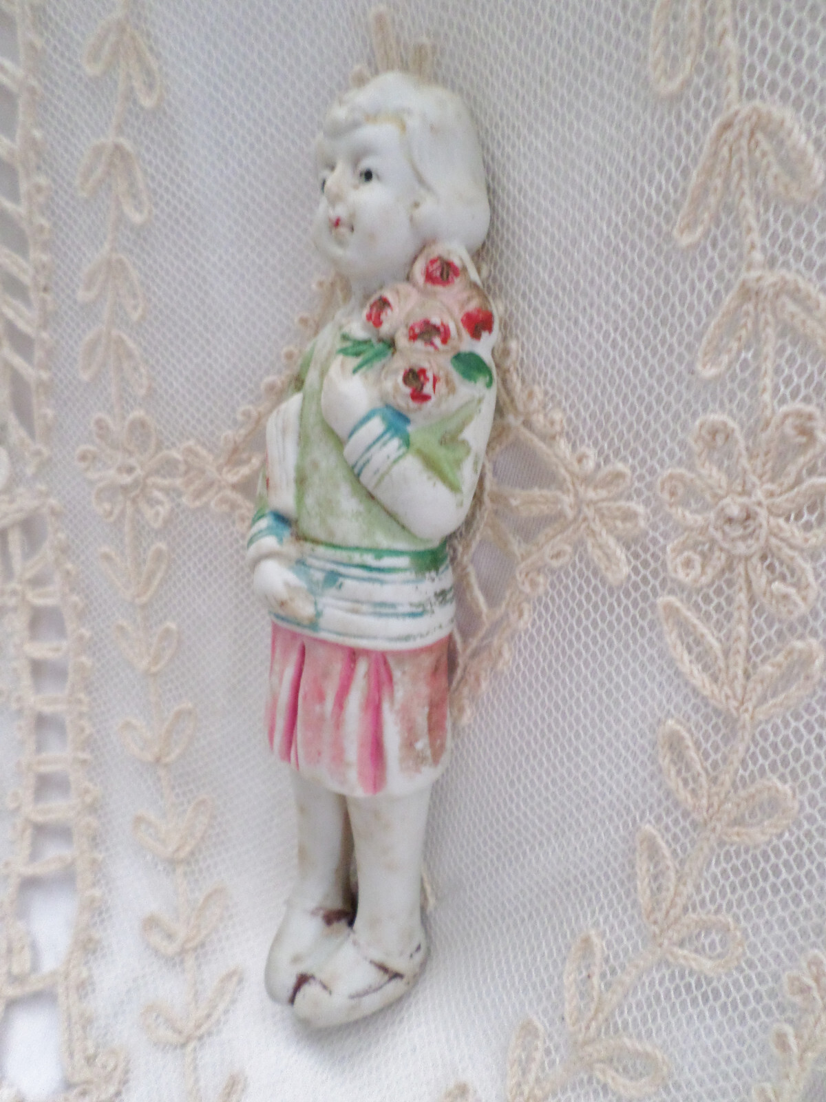 Antique 6.5" Penny / Frozen Charlotte Doll School Girl with book & Flowers