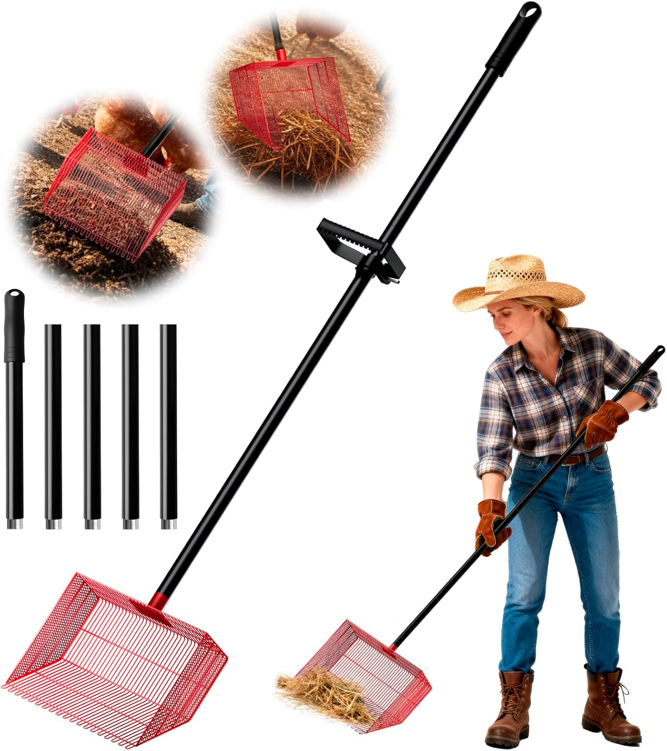 Heavy-Duty Chicken Poop Scooper with Adjustable Steel Handle and Detachable Rake