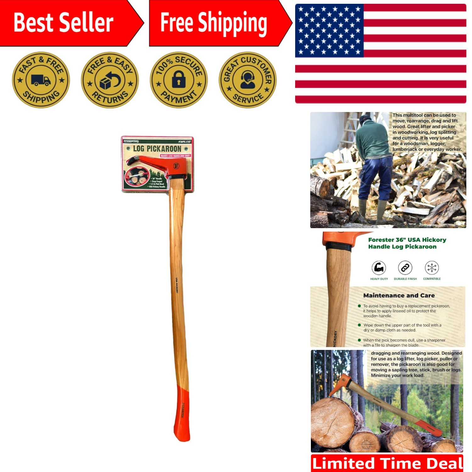 Pickaroon Logging Tool 36in |  Hickory Handle | Hookaroon Logging Tool | Log ...