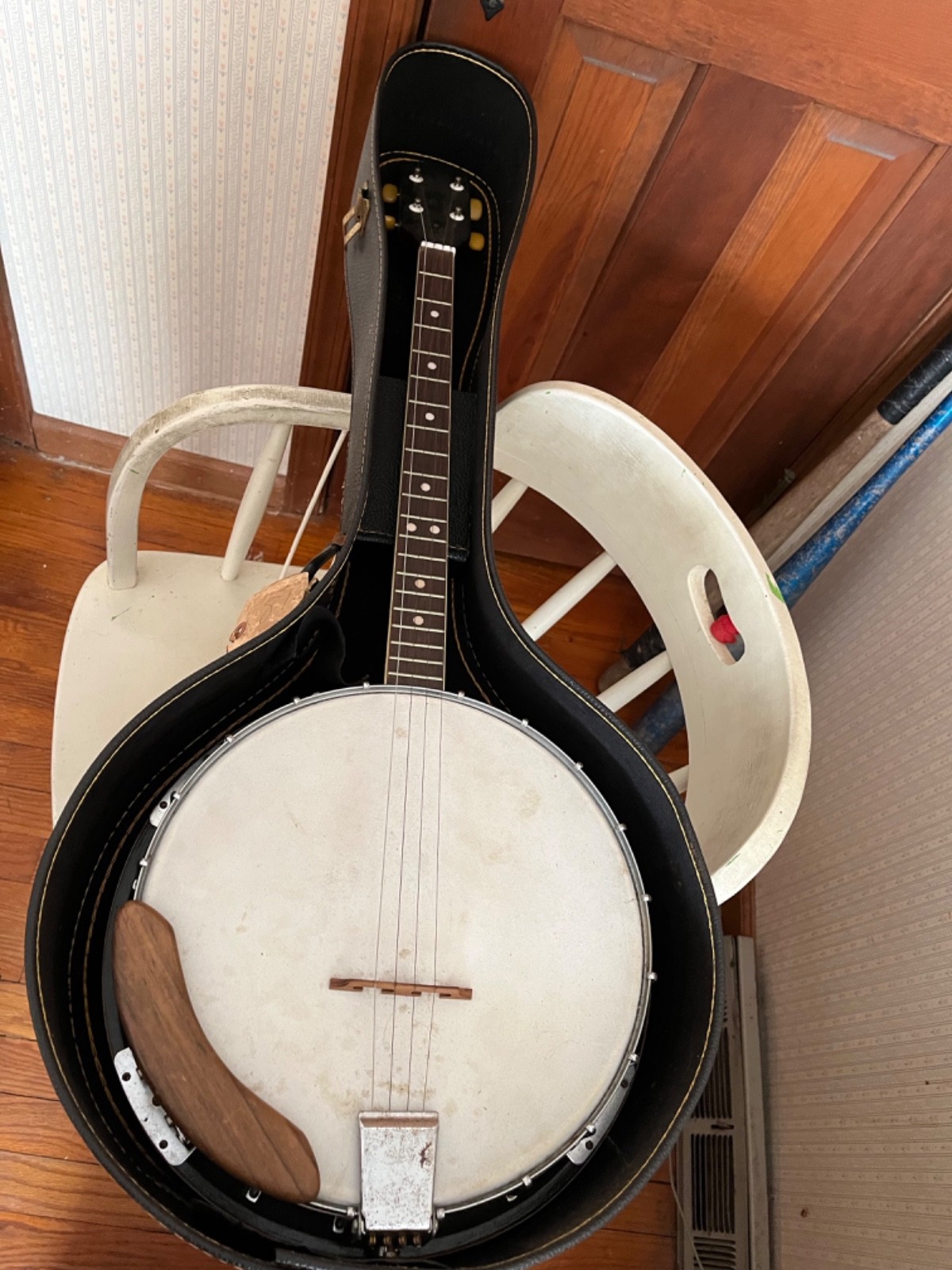 Banjo Four string, wood with case $75