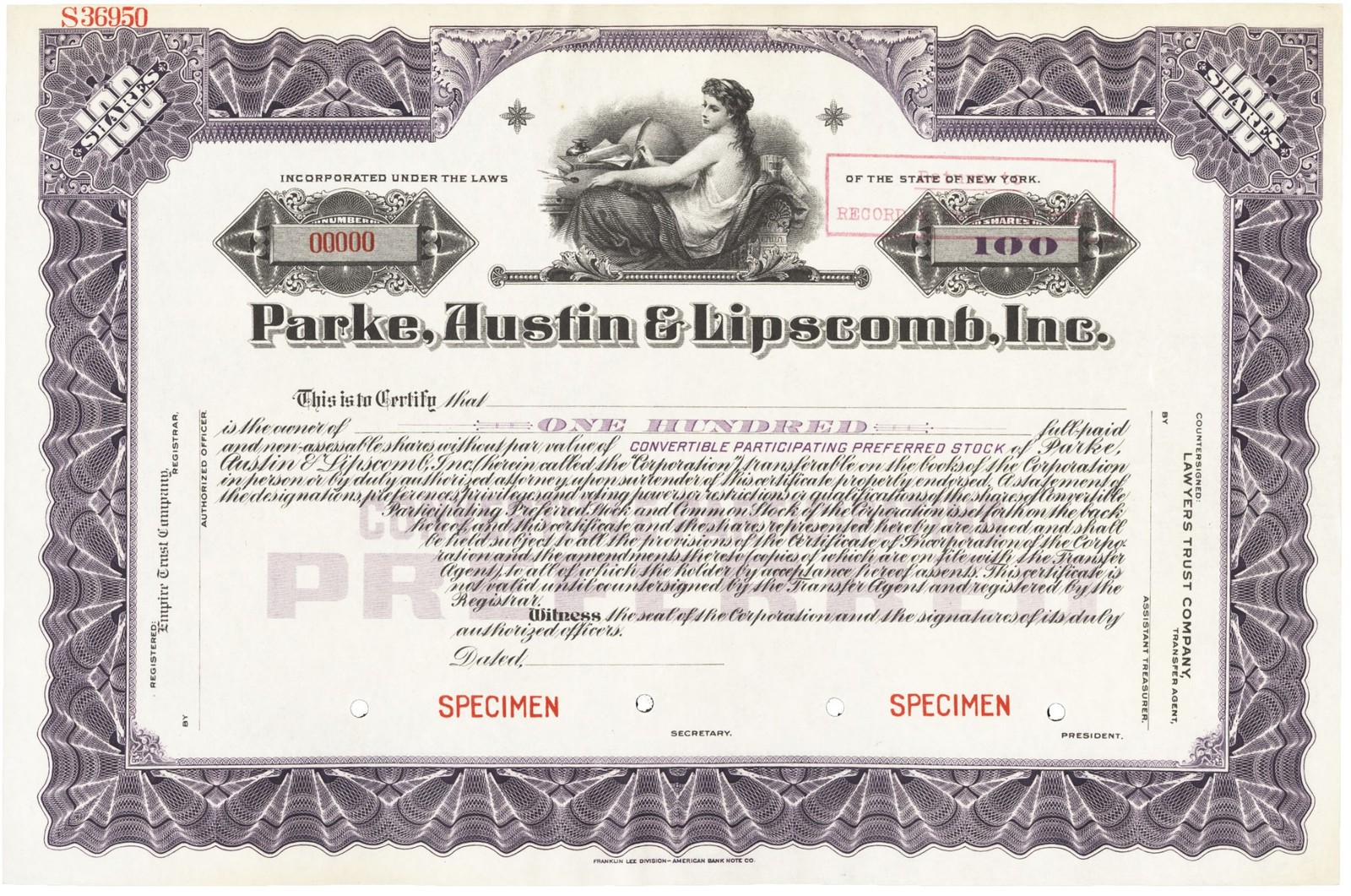 Parke, Austin & Lipscomb, Inc. Stock Certificate.