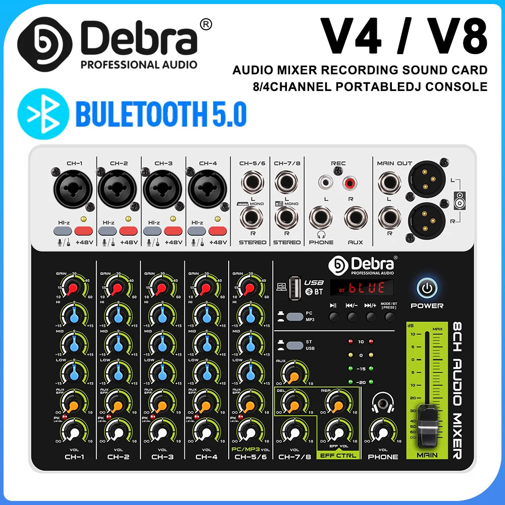 V8 Audio Interface Mixer with Bluetooth 5.0 Phantom Power for Computer Recording