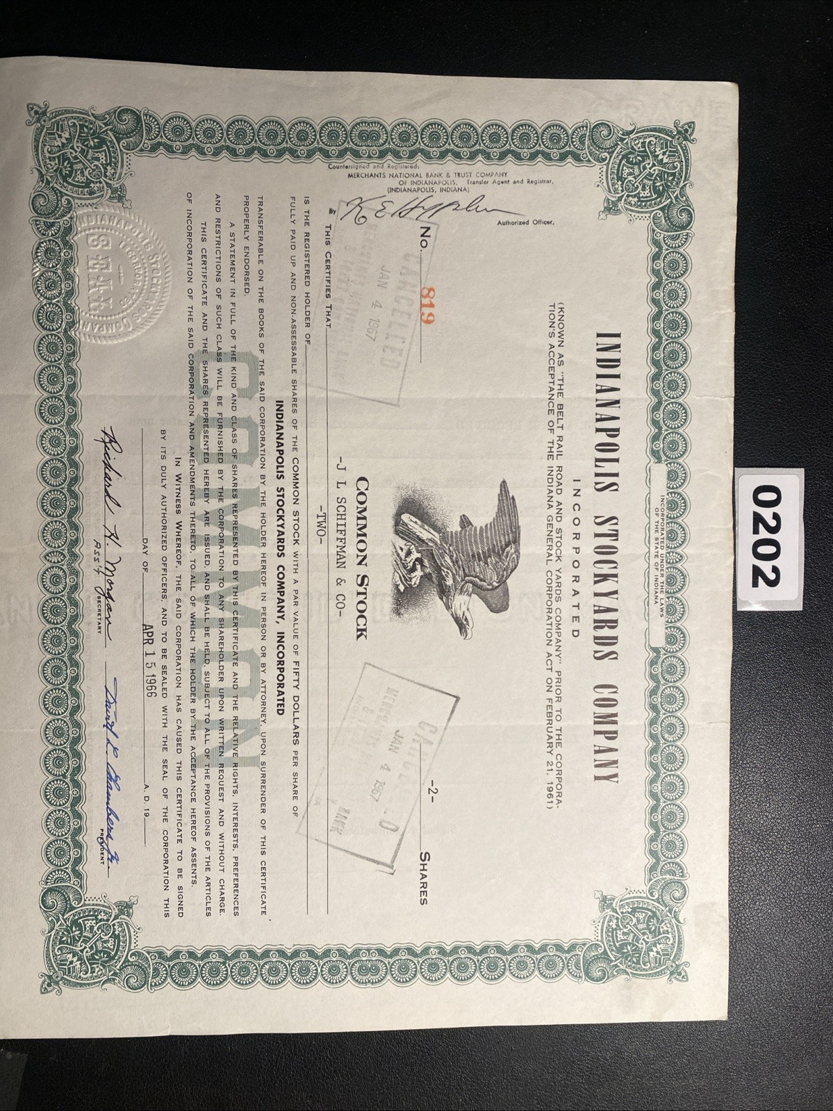 INDIANAPOLIS STOCKYARDS COMPANY Stock Certificate 1966 0202