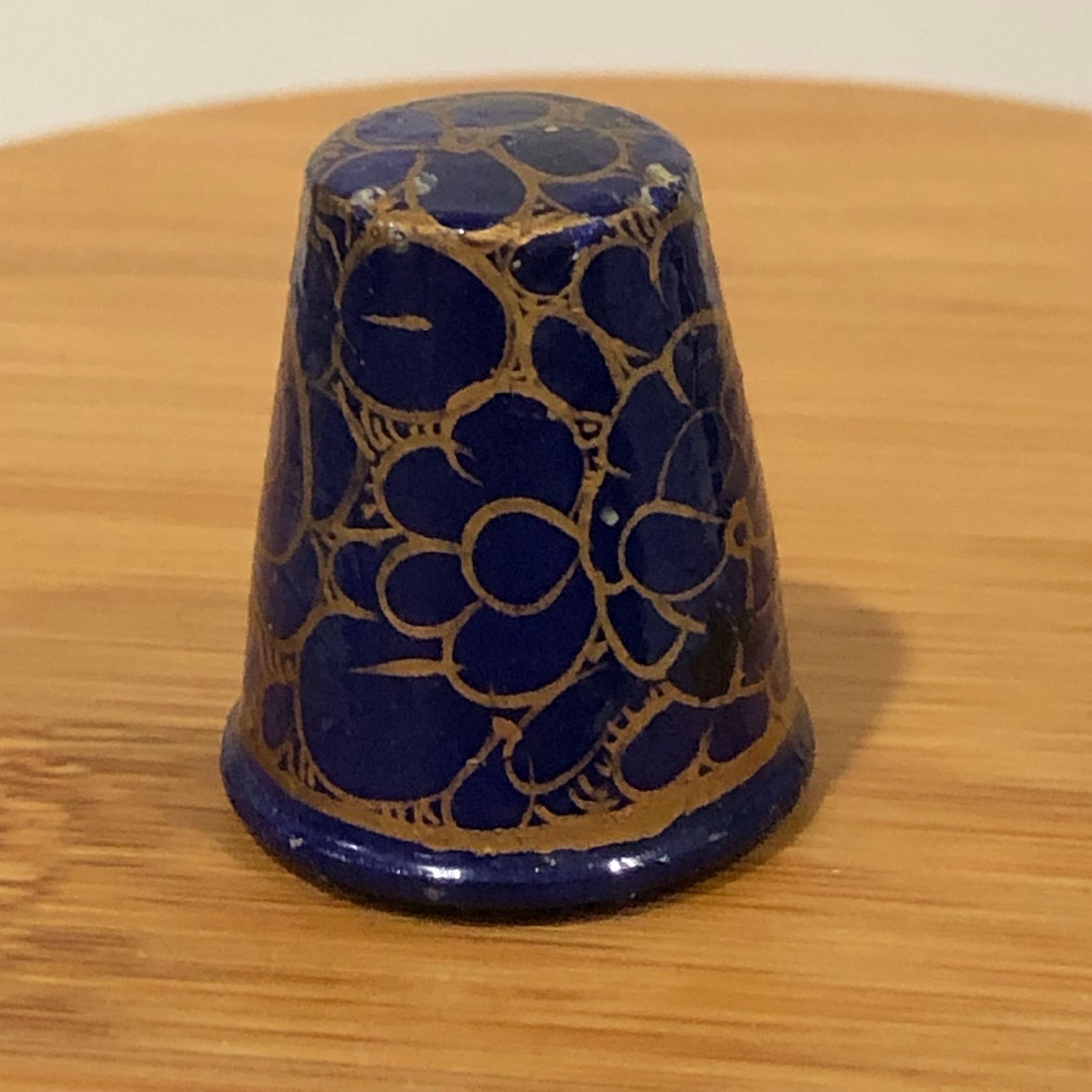 Enameled Cloisonne Thimble Blue Gold Floral Vintage Style Decorative Sewing