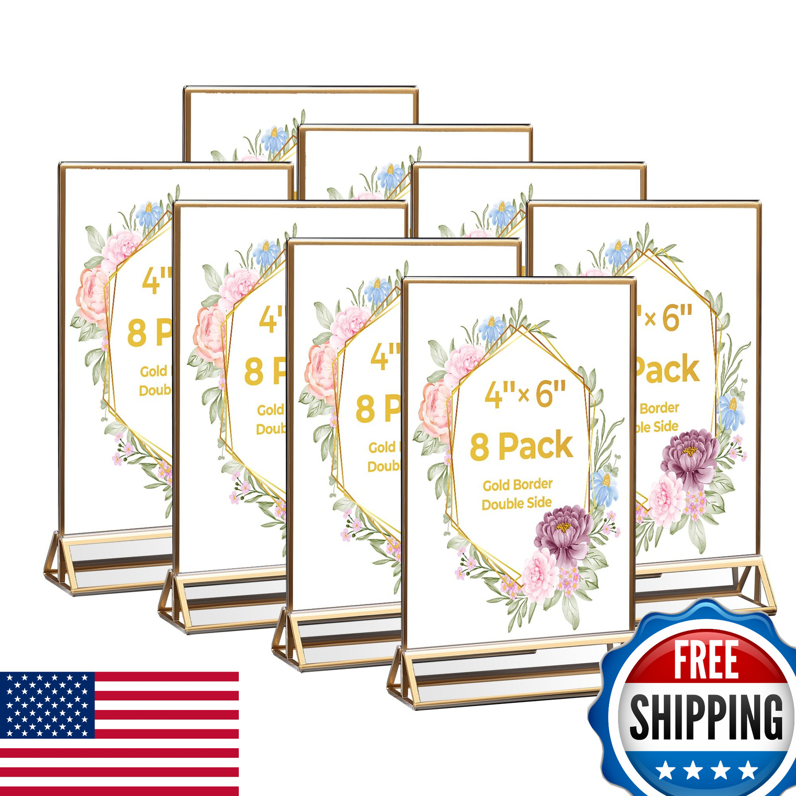 8-Pack Acrylic Sign Holders 4x6 Gold Frames - Double-Sided Table Number Stands