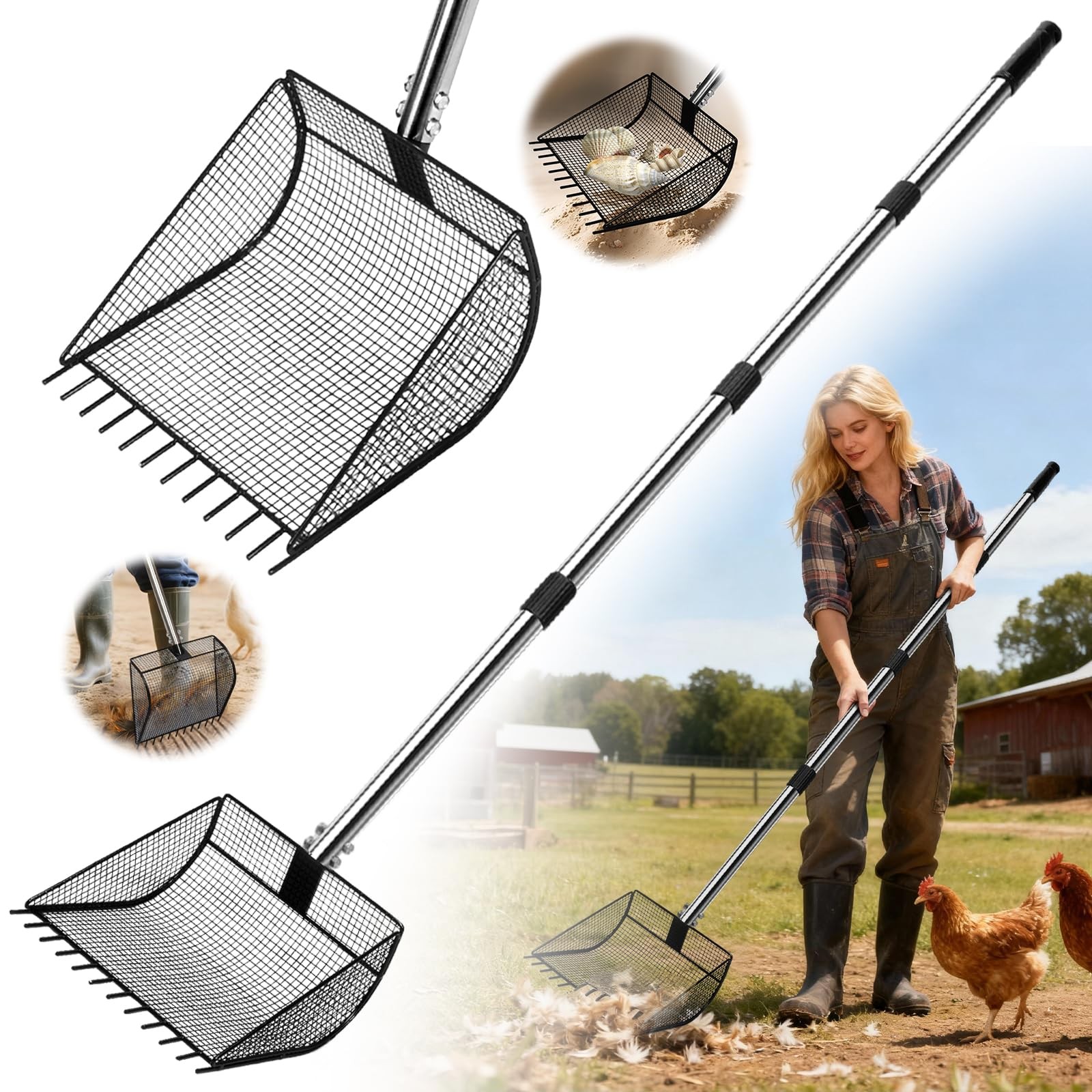 Chicken Poop Scooper for Sand, 2-In-1 Rake & Pooper Scooper with Large Sifting S
