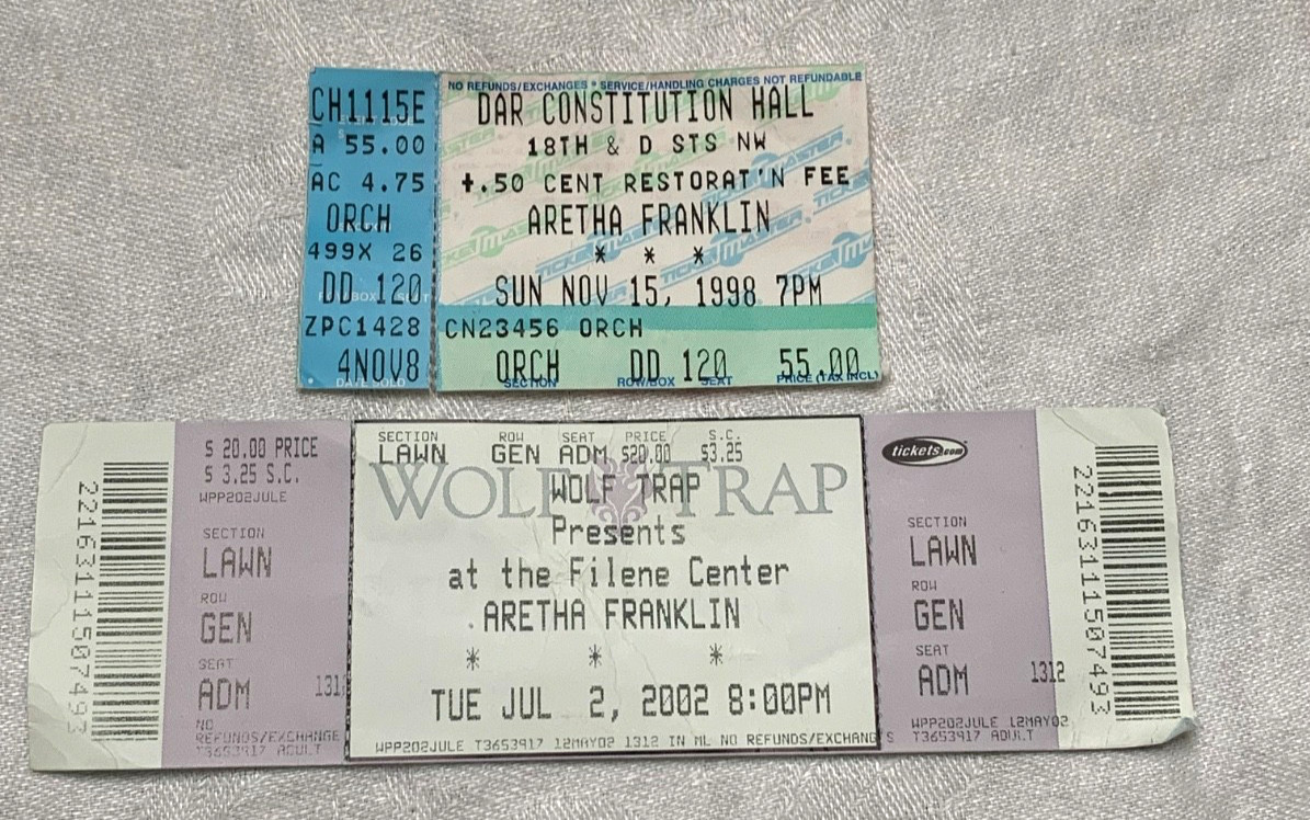 2 Aretha Franklin Ticket and Stub DAR Constitution Hall 1998 Filene Center 2002