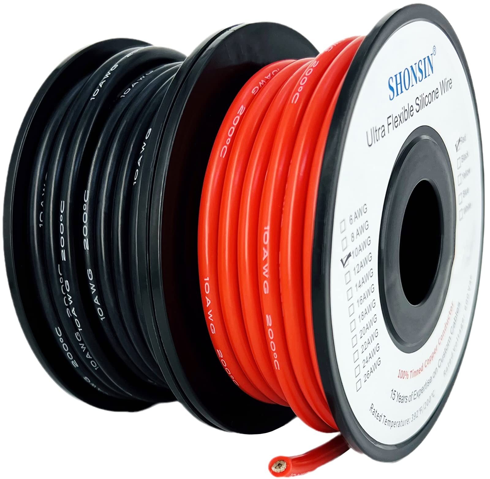 Shonsin 10 AWG Silicone Wire 25ft Black & Red Spool Ultra Flexible
