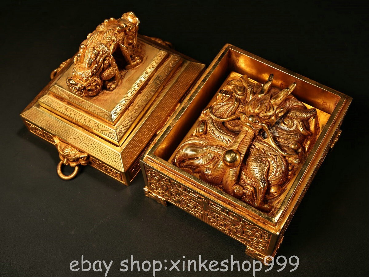 8" Old Tibet Bronze 24K Gold Gilt Dynasty Dragon seal signet Statue Set