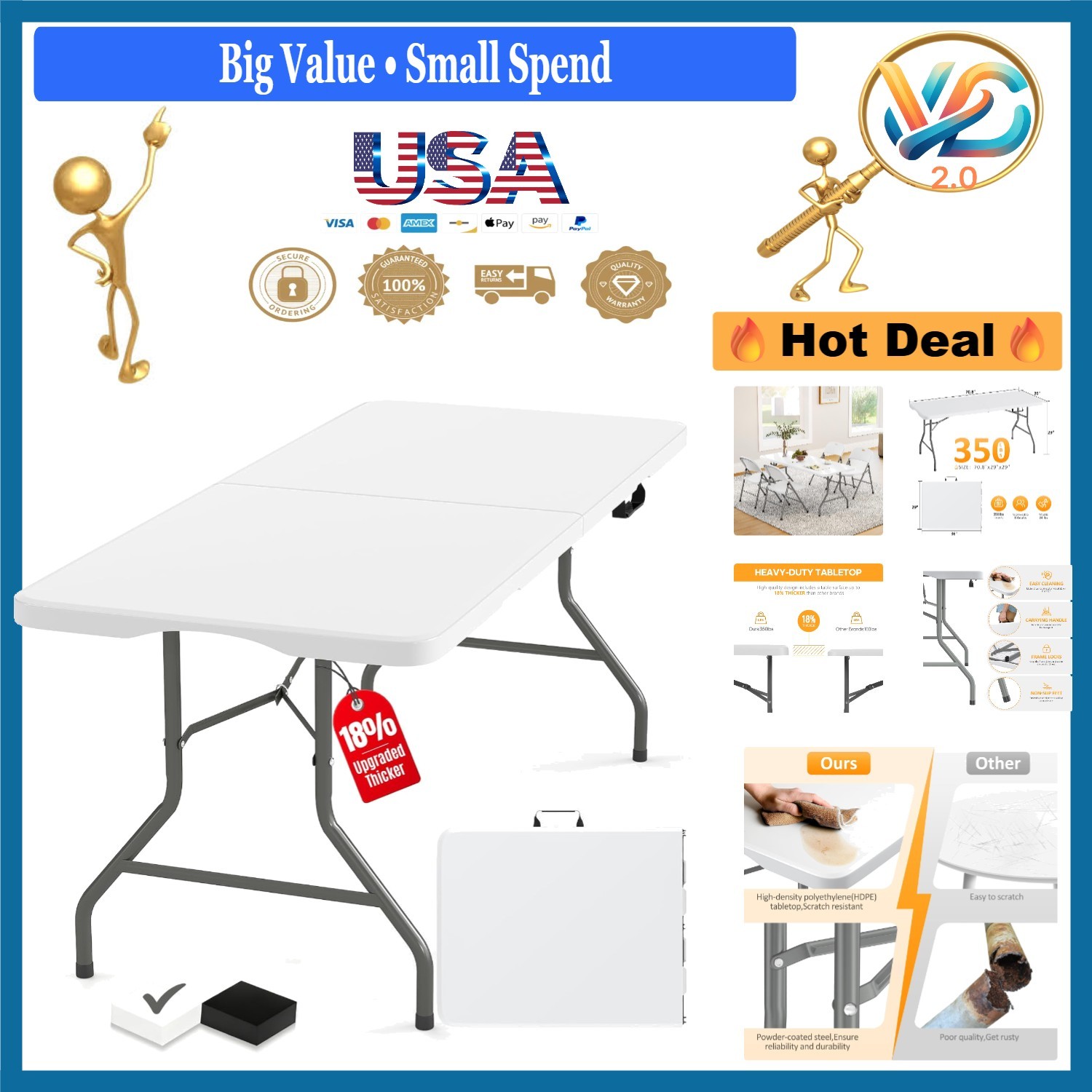 Heavy Duty 6ft Folding Table with HDPE Top - White, Portable, Weatherproof