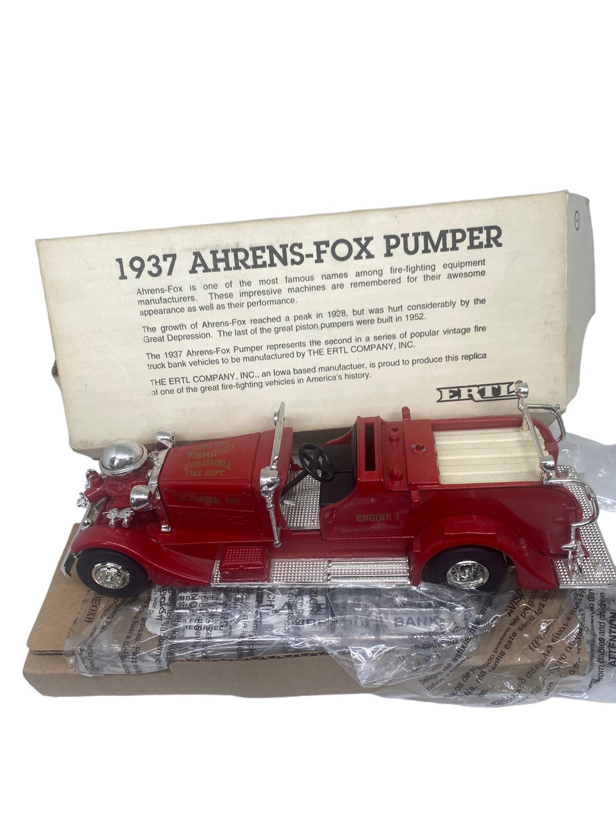 Ertl 1937 Ahrens-Fox Pumper RED Fire Truck Bank Columbia MO Fire Dept NOS