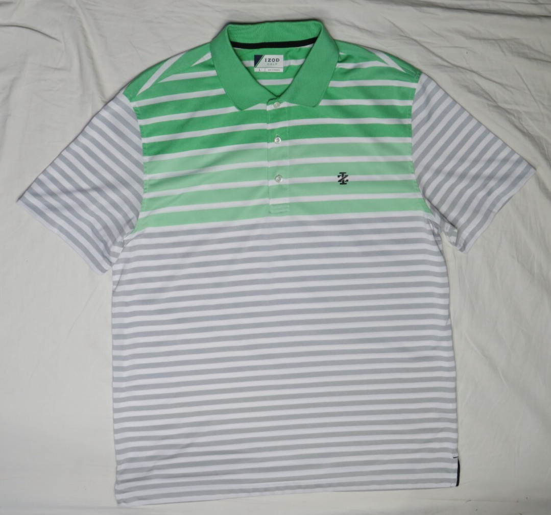 IZOD GOLF MENS LARGE POLO SHIRT GREEN GRAY WHITE STRIPE 100% POLYESTER NWOT NEW