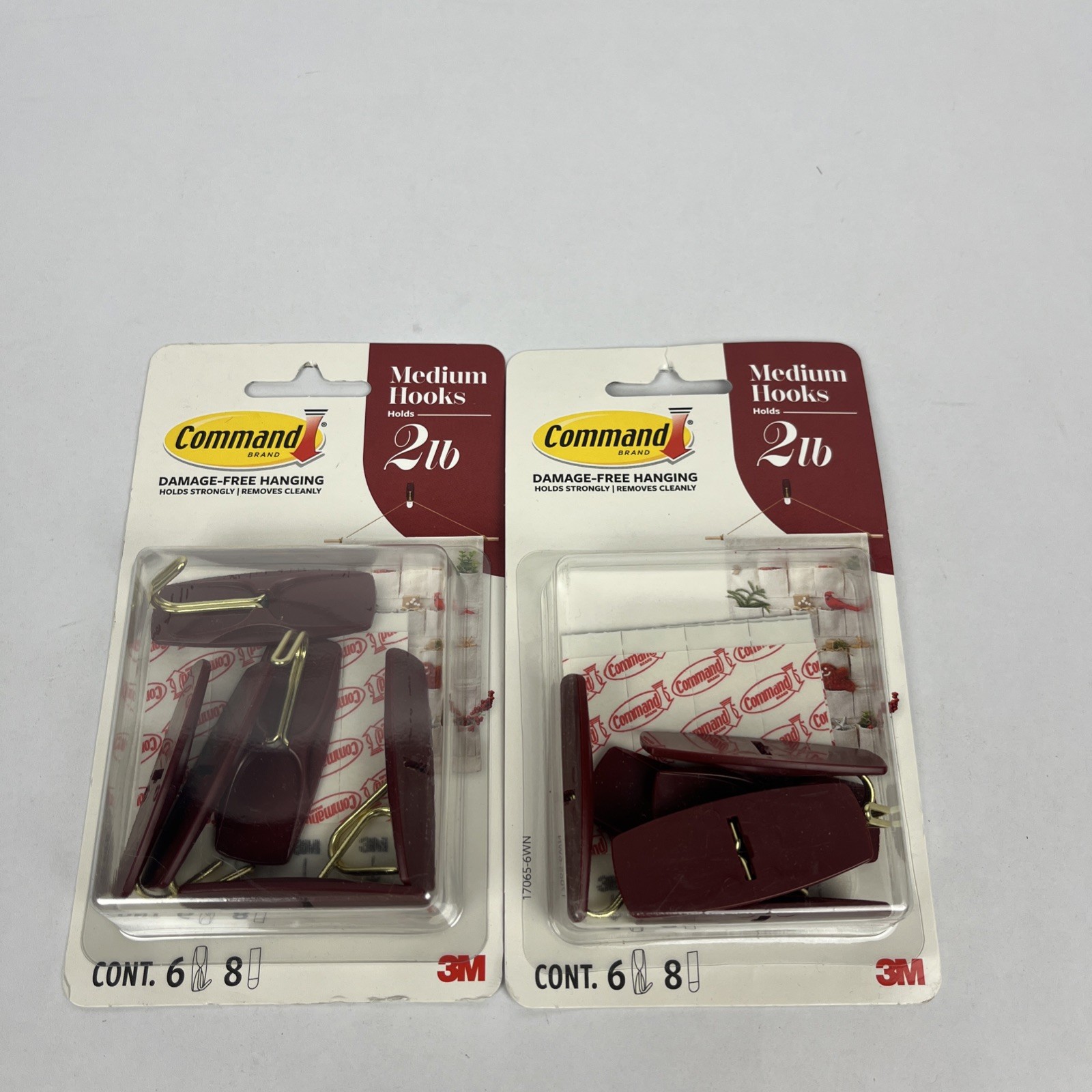 Lot Of 2 Command Hooks (Red), Indoor Use (2lb),  6 Hooks, 8 Strips 2 Packs *NEW*