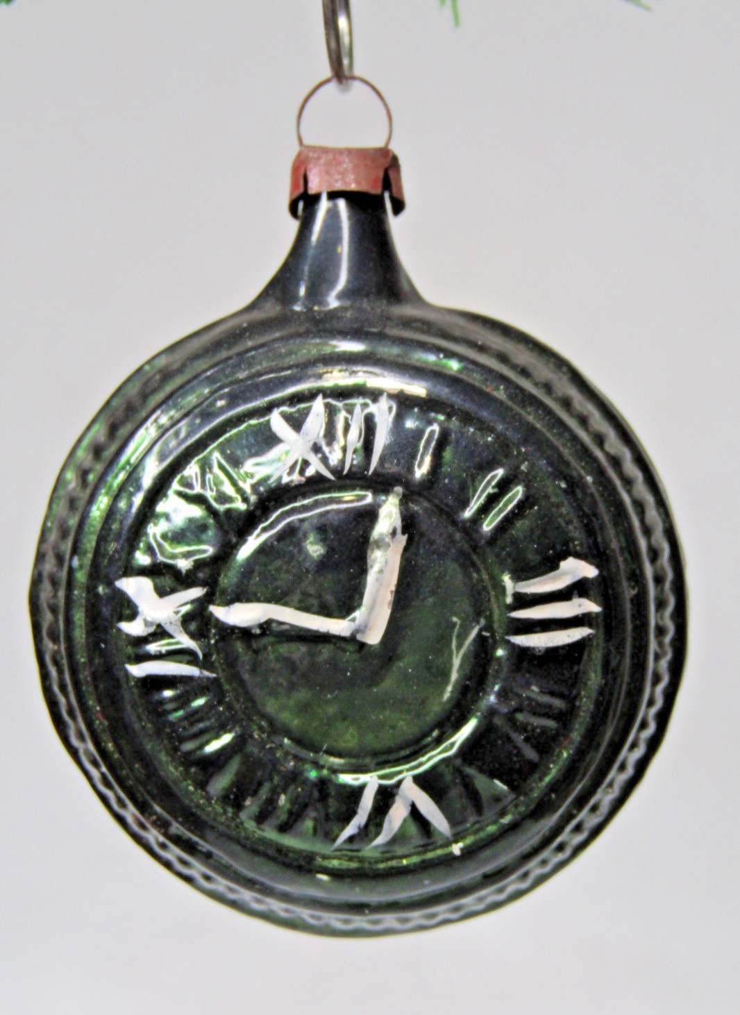 Vintage Glass Xmas Embossed CLOCK Past Midnight Christmas Ornament Germany Green