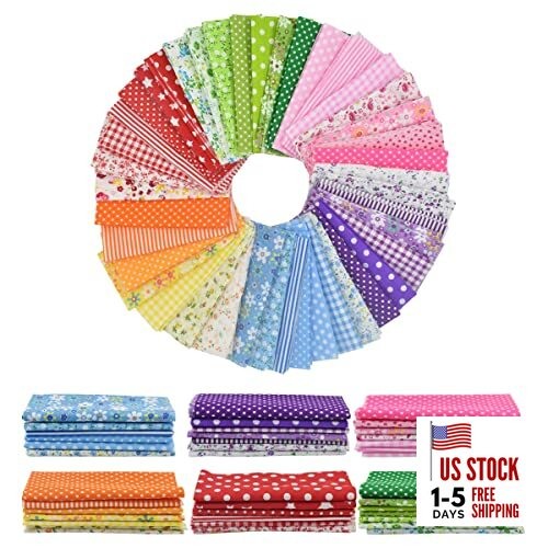 9.8X 9.8 42Pcs Cotton Print Fabric Bundle Red/Yellow/Green/Blue/Pink/Purple