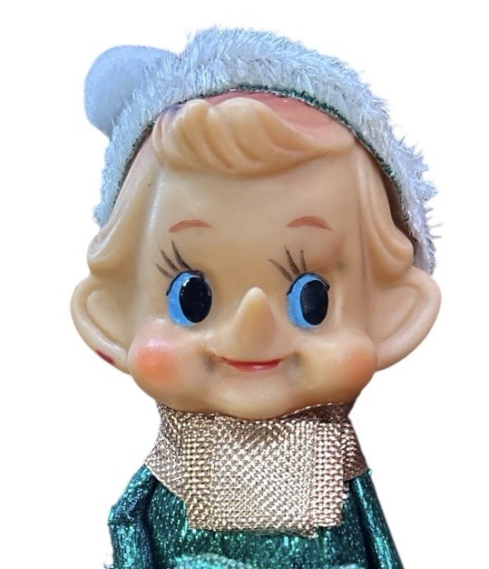 Vintage Knee Hugger Pixie Elf Rubber Face Christmas Ornament Retro Japan Style