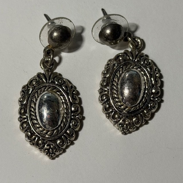 Ornate Dangle Earrings Silver Tone Metal Vintage Style Kids Girls Post Backs
