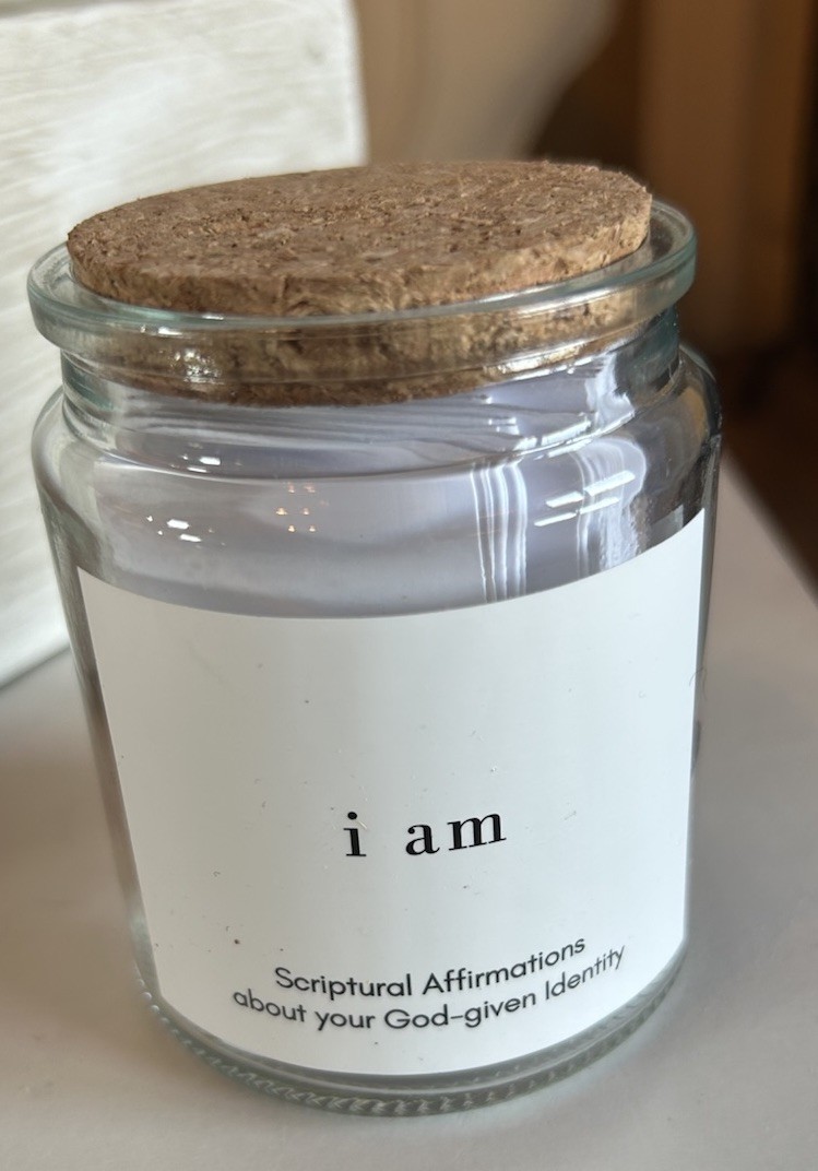 $54 "I AM" jar from Anointed LA, designed to hold scriptural daily affirmations
