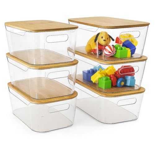 6 Pack Clear Storage Bins with Bamboo Lids, 6 Pack Storage Bins with Lids