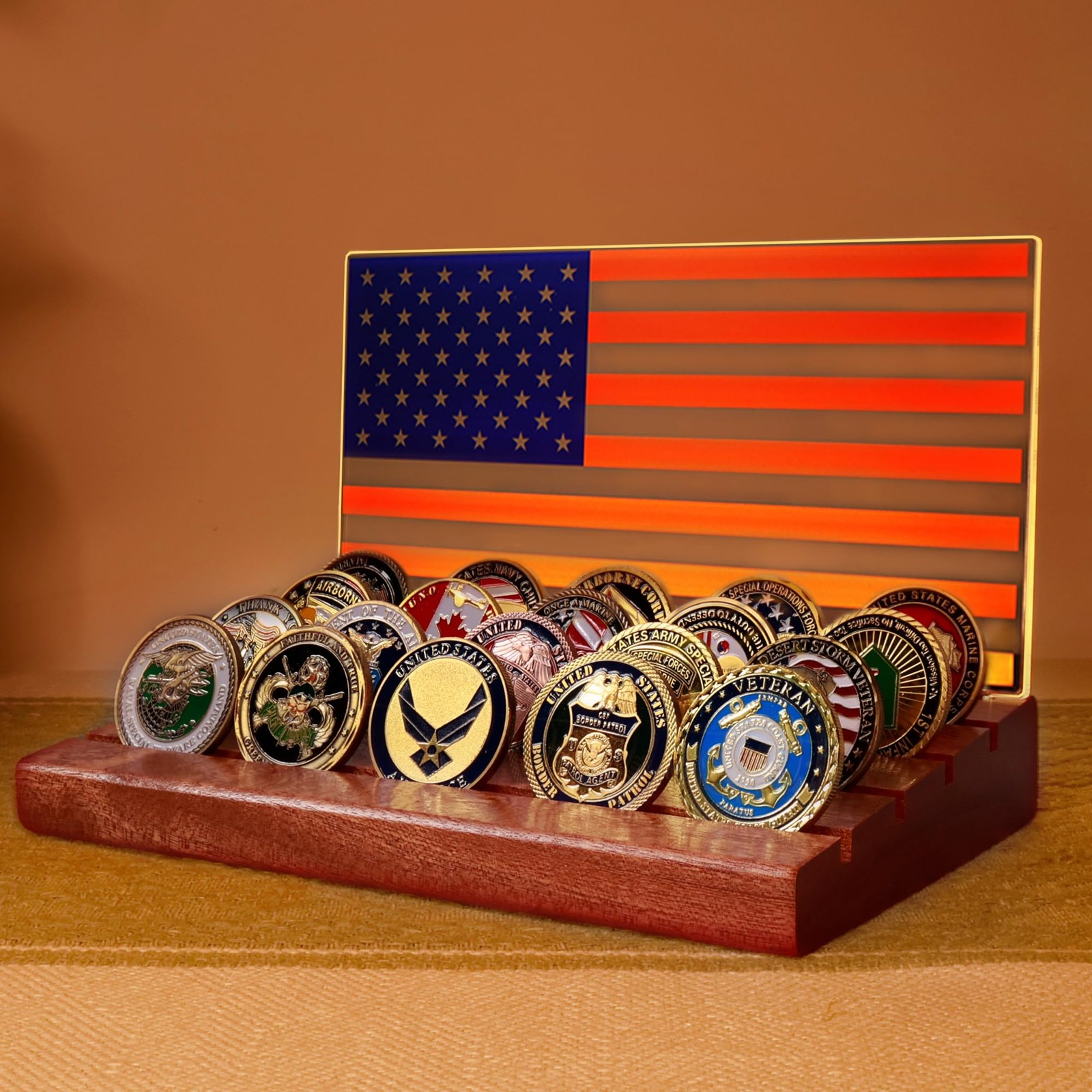 Light up Challenge Coin Display, Coin Holder Flag with Warm White Color Ligh ...