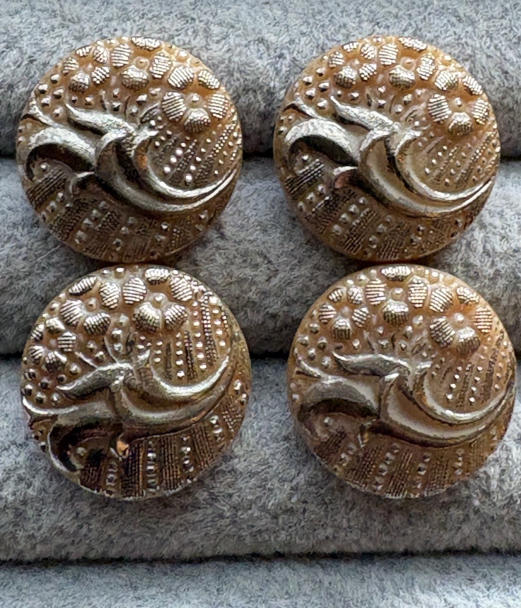 Set of 4 Victorian Caramel Tan Glass Buttons w/ Floral Silver Luster 4-way Shank