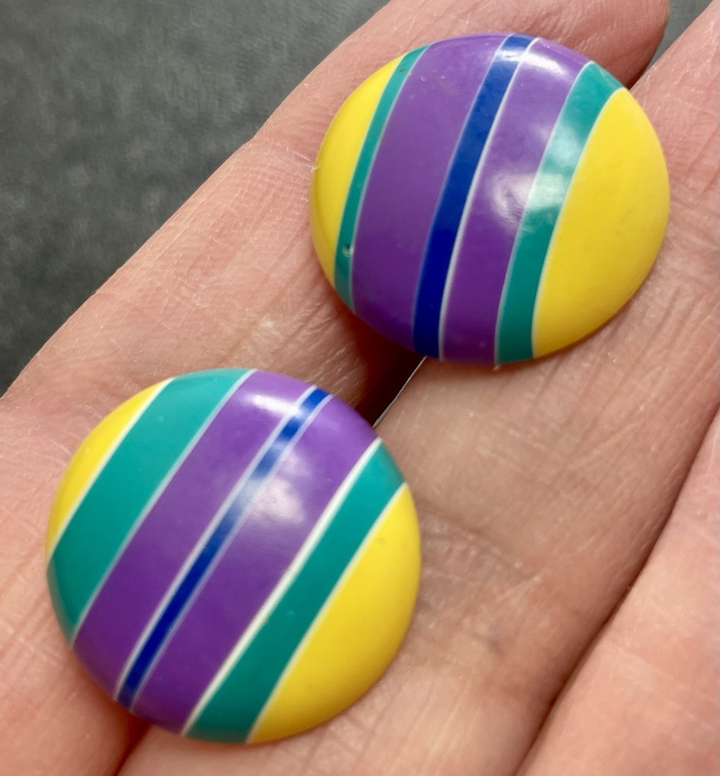 Vintage 3/4” Round Purple Green & Yellow Lucite Earrings