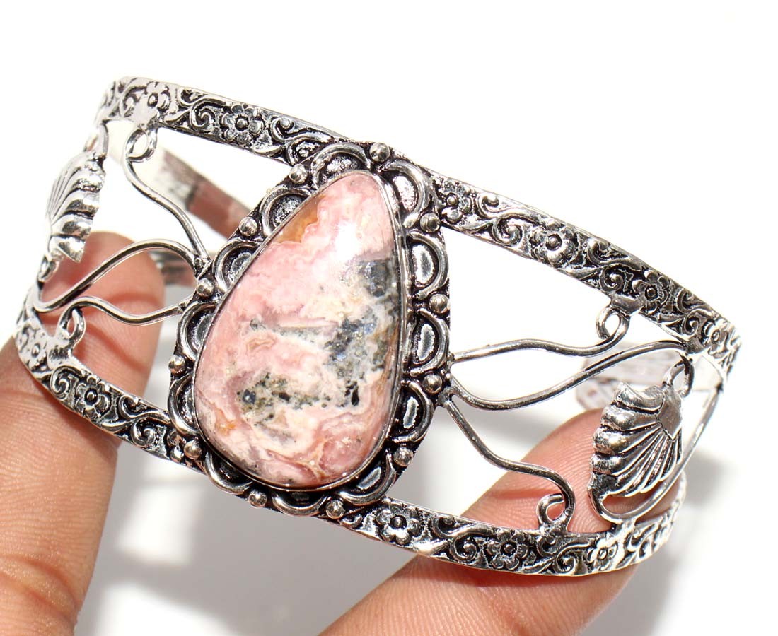 925 Silver Plated Huge Rhodochrosite Bangle Handmade Jewelry Size 6.5" GW