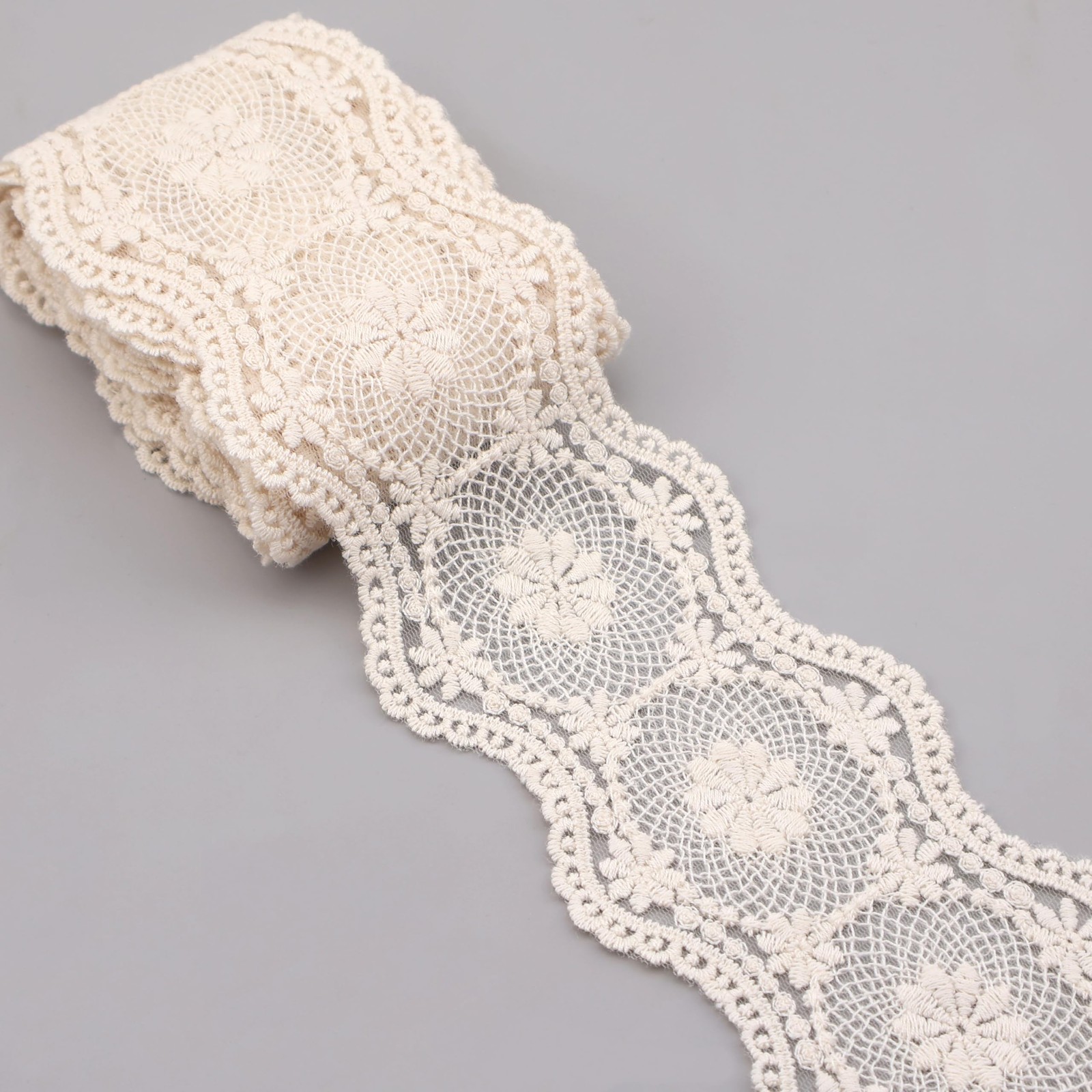 Vintage Cream-Beige Cotton Lace Trim 8.5cm Wide Tulle Embroidered 