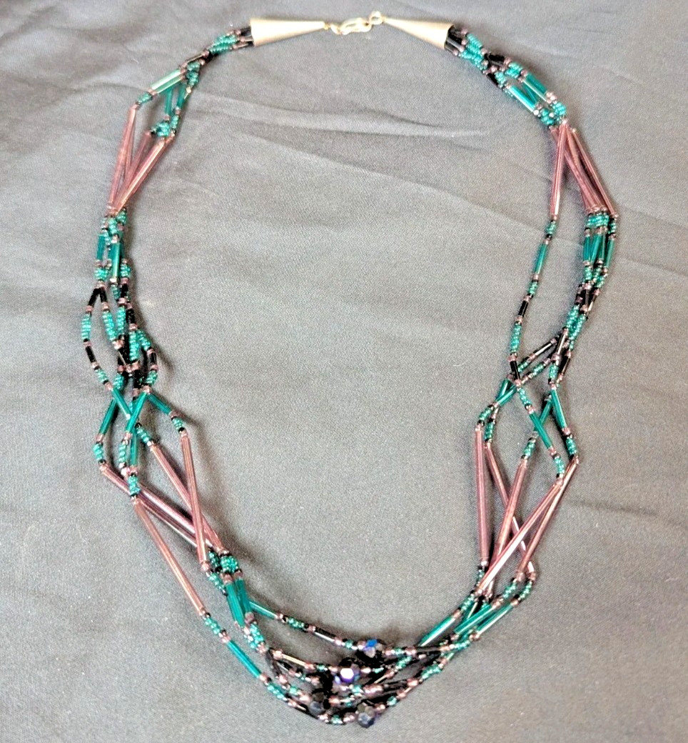Women's Vintage Navajo Sterling Silver & Multi Strand Glass Beaded 24" Necklace 