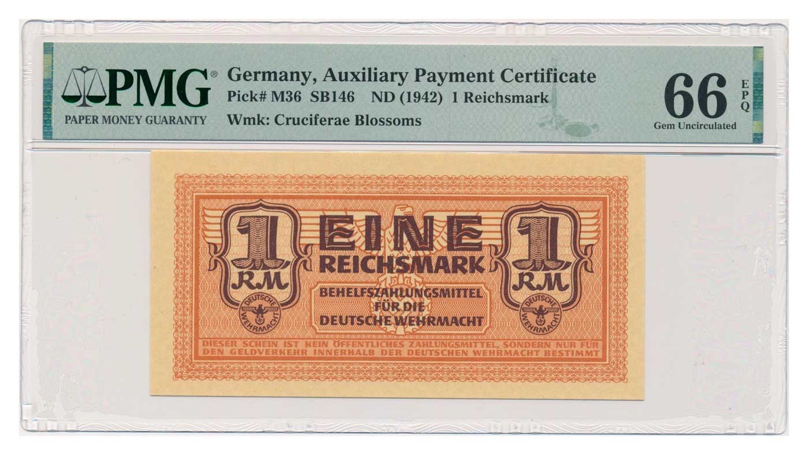 GERMANY banknote 1 Reichsmark 1942 PMG MS 66 EPQ Gem Uncirculated