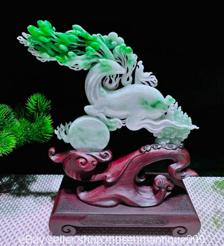 10.2" Chinese Natural Emerald Jadeite Jade Carving Animal Deer wealth Statue