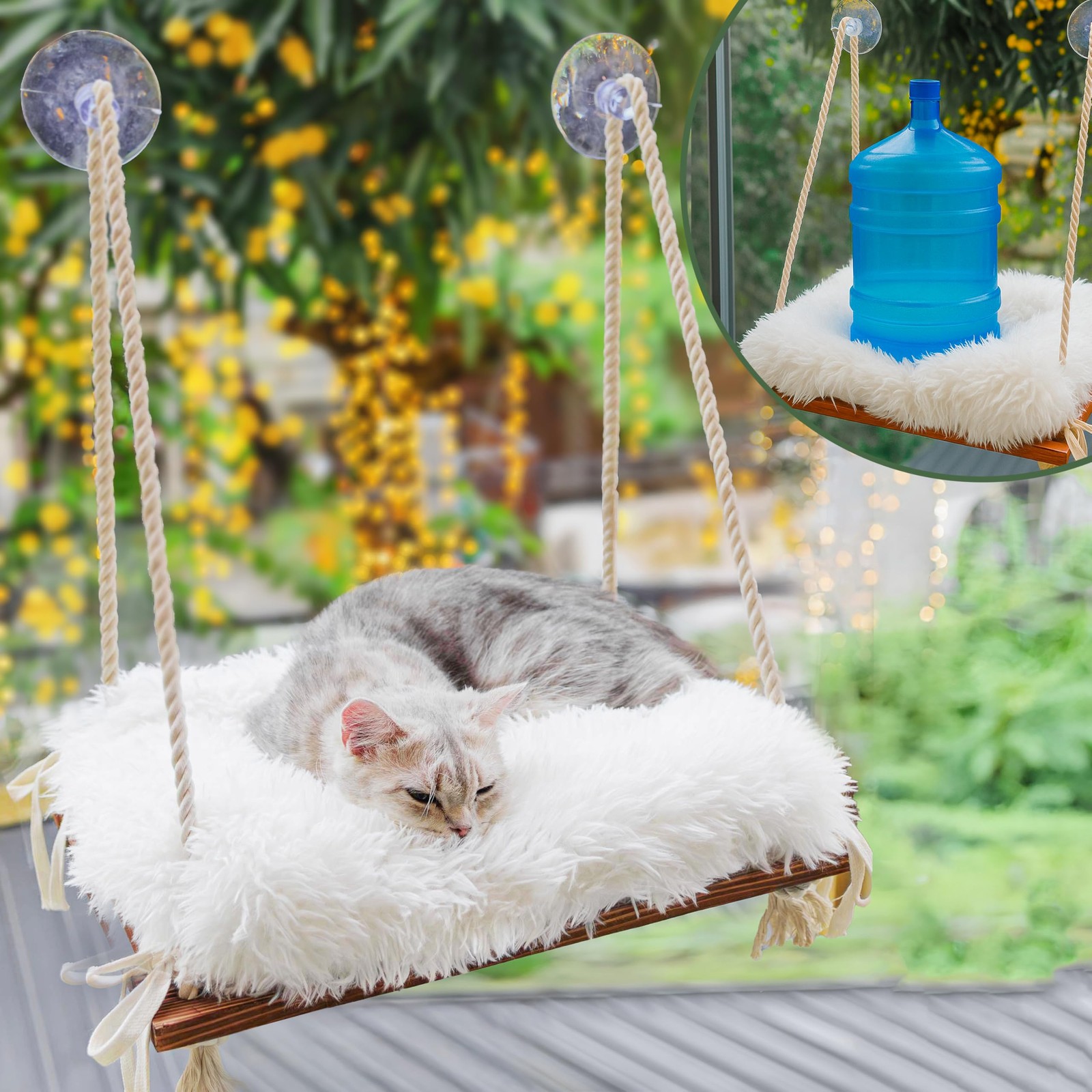 Cat Hammock - Industrial Suction Cups, Solid Pine Wood Seat, Soft Cushion, 42lb 