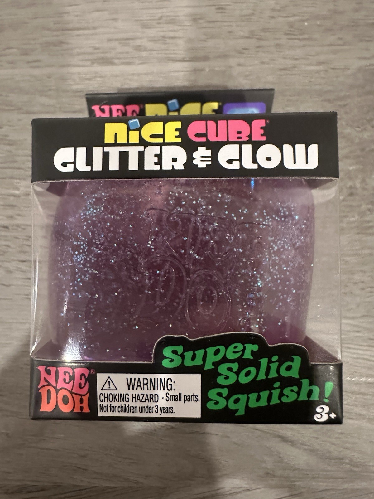 Nee Doh Nice Cube Glitter & Glow 2.5" Super Solid Squish! Purple Color.