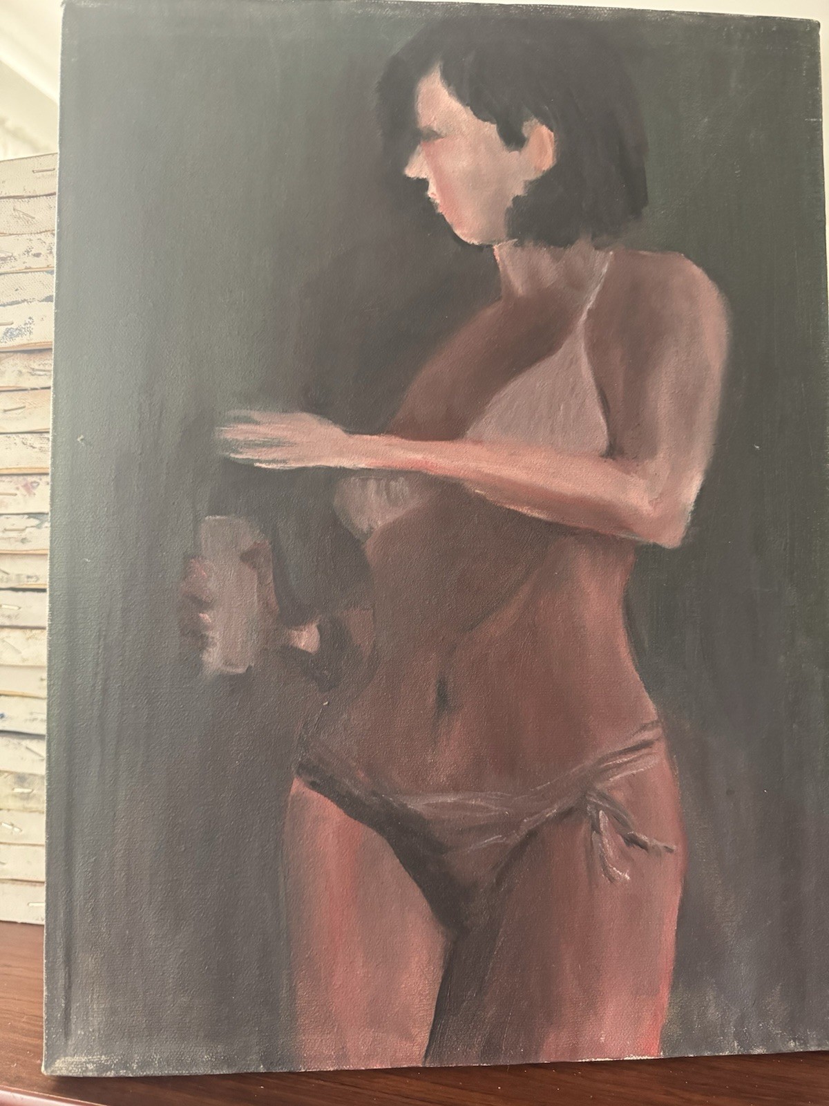Vintage Canvas Painting Woman Original Portrait Bathing Suit Study OOAK