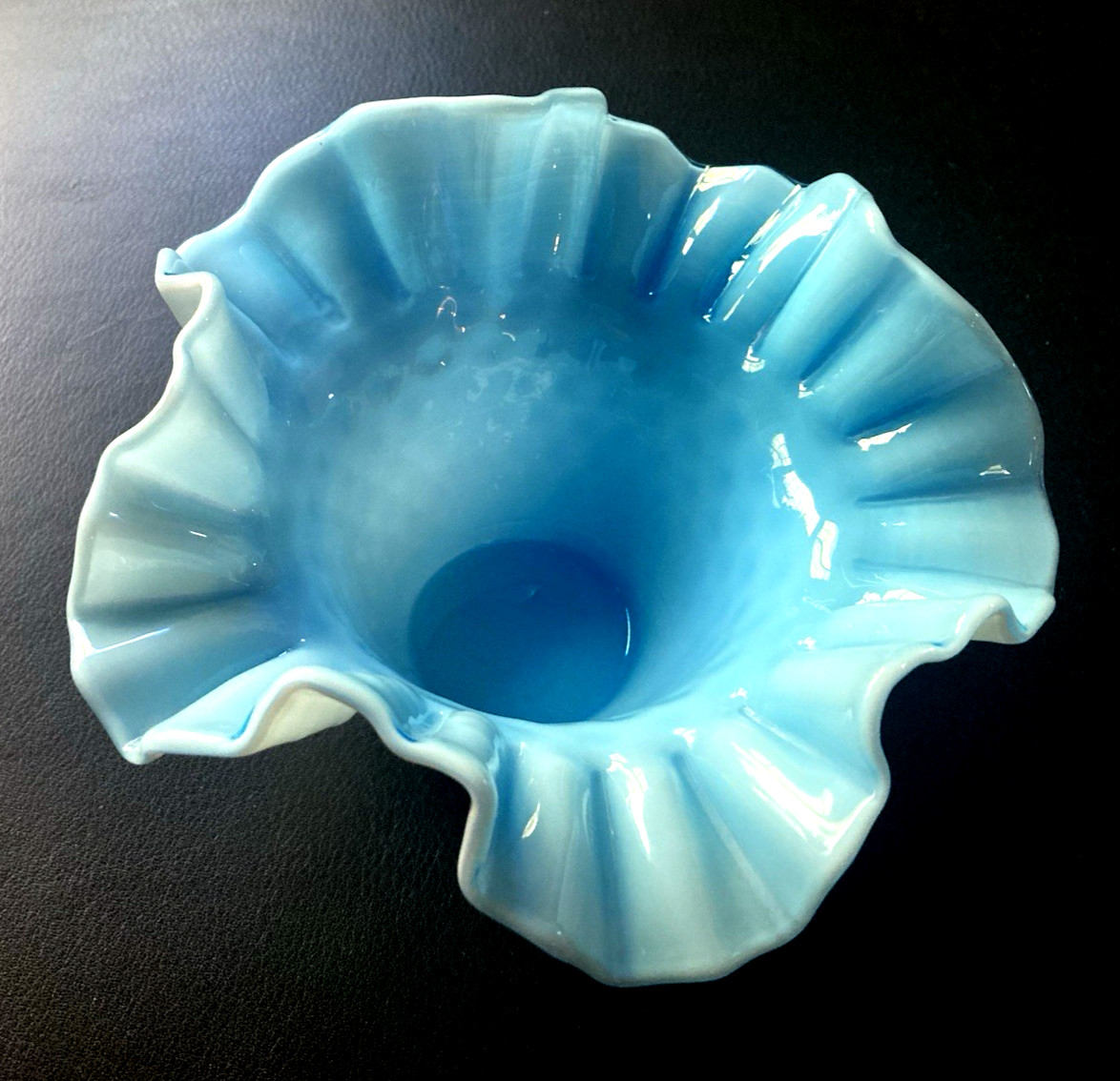 Fenton White Hobnail Bowl with Blue Overlay Fluted Ruffled Edge