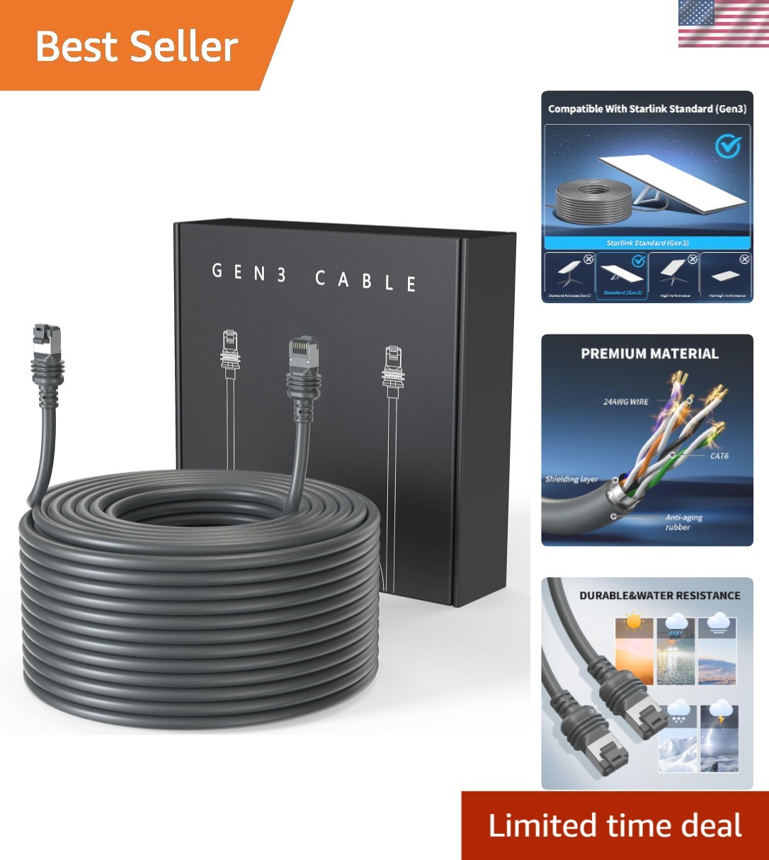 Starlink Gen 3 150ft Waterproof Ethernet Cable 24AWG Replacement for Indoor O...