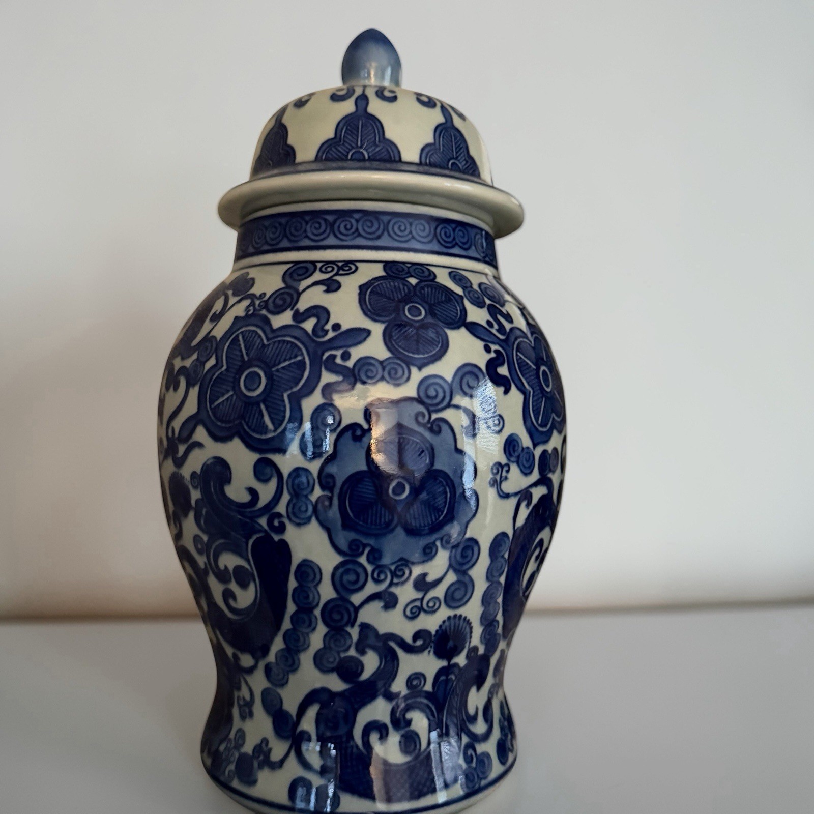 Chinese Blue Green Porcelain 13" Qianlong Ginger Jar Vase Urn Mythic Chinoiserie