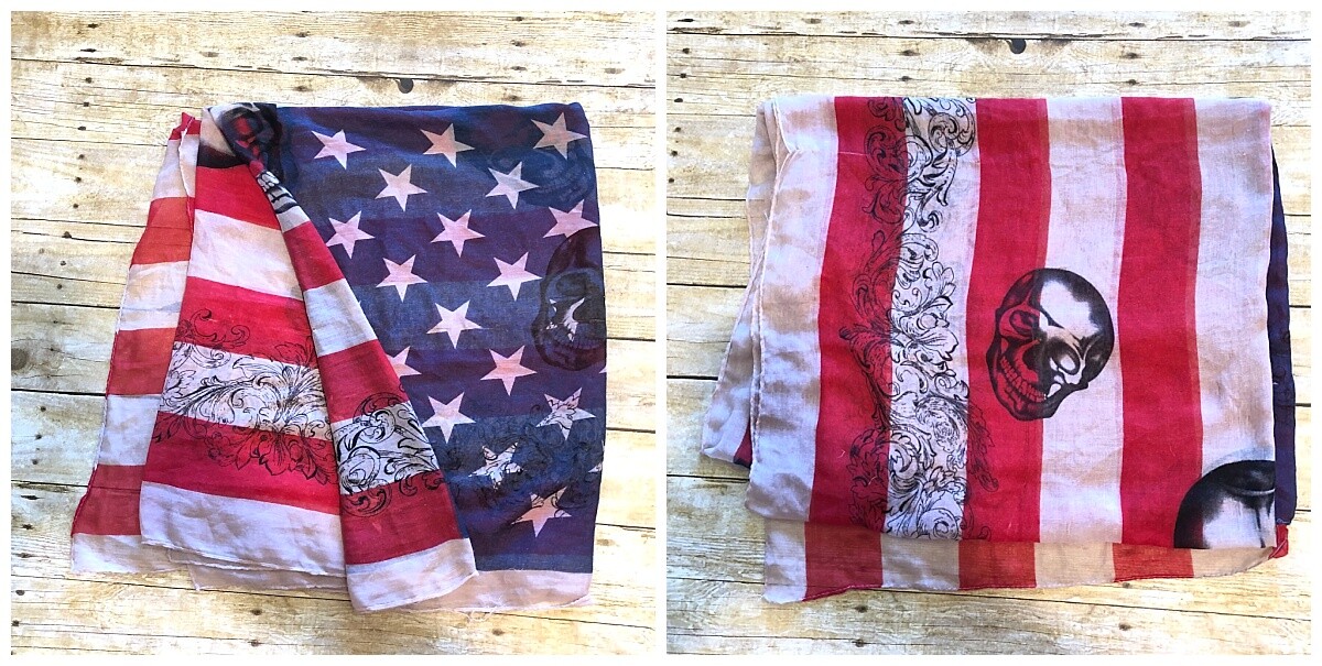 Sheer US Flag Skull Banner Scarf Tapestry Wall Hang 46" x 73" Vtg Flaws