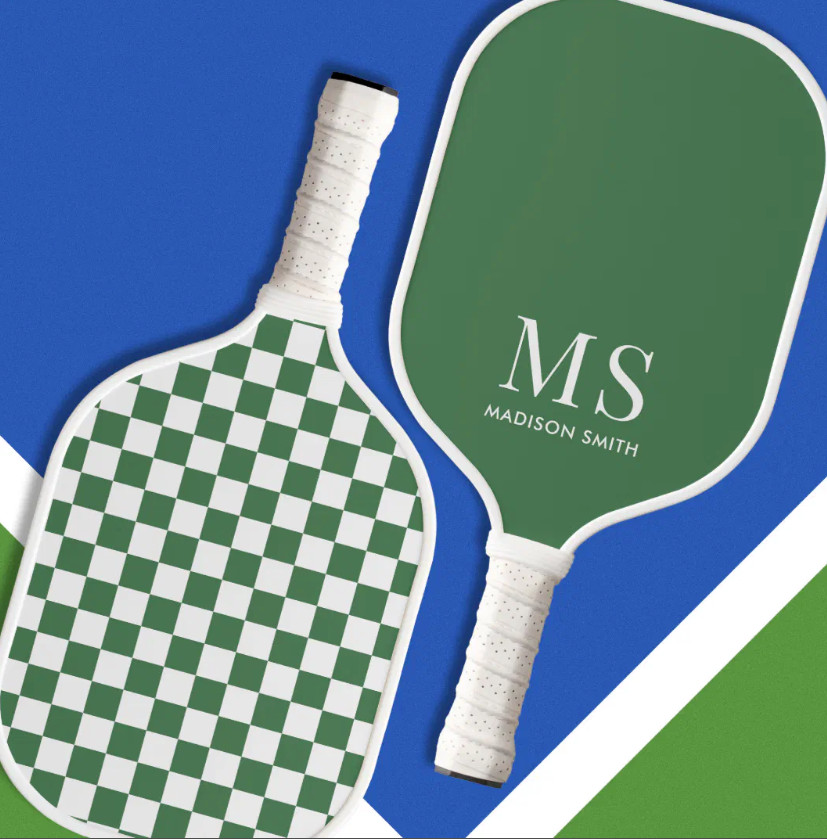 Aesthetic Green Checkered Monogram Pickleball Paddle