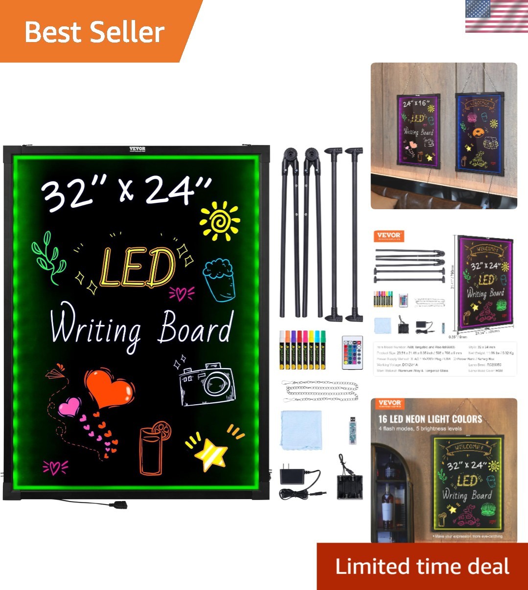 Versatile 32"x24" LED Writing Board - Tempered Glass & 16 Colors Available