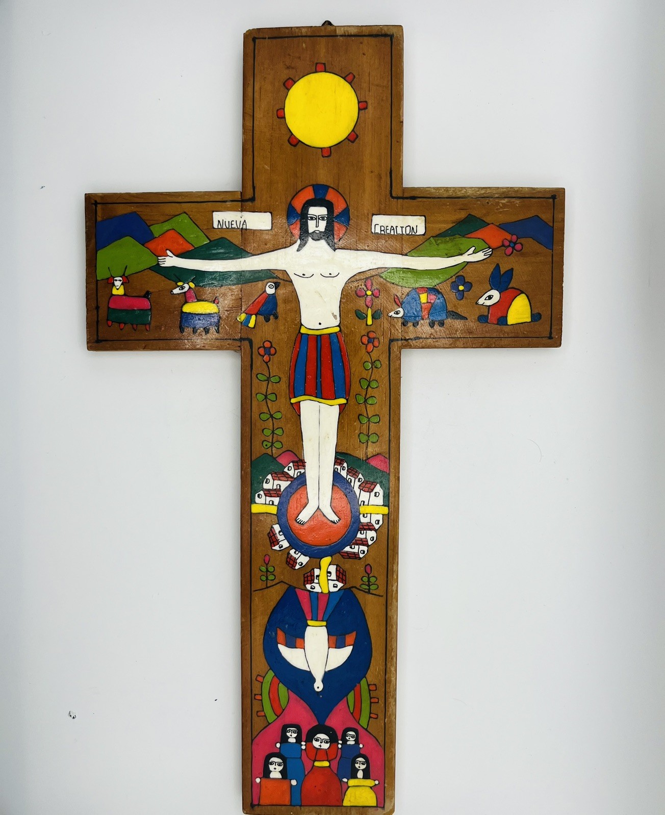 VTG Hand Painted Wood Carved Cross El Salvador Jesus Christ  “Nueva Creacion” 