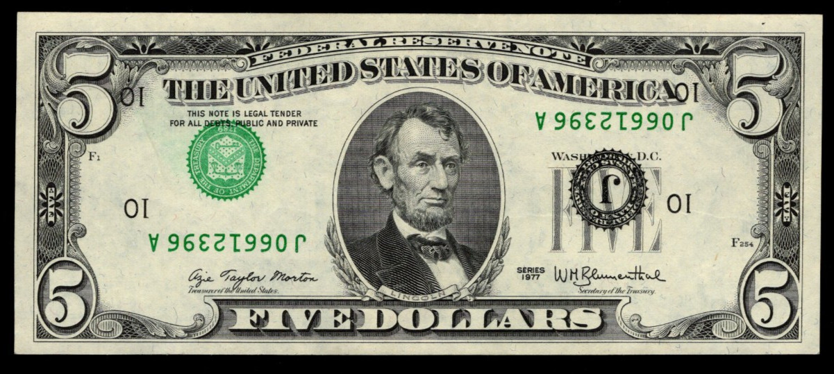 Inverted Third Printing Error Five Dollar Bill 1977 $5