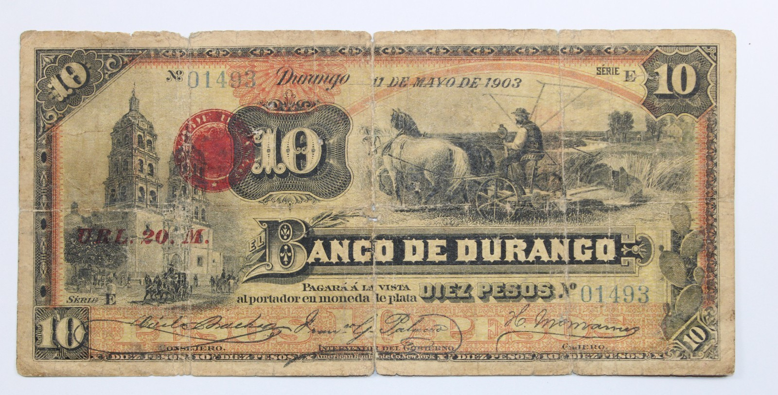 1903 Mexico / Durango  10  Pesos   Series E   Circulated Banknote       # 0407