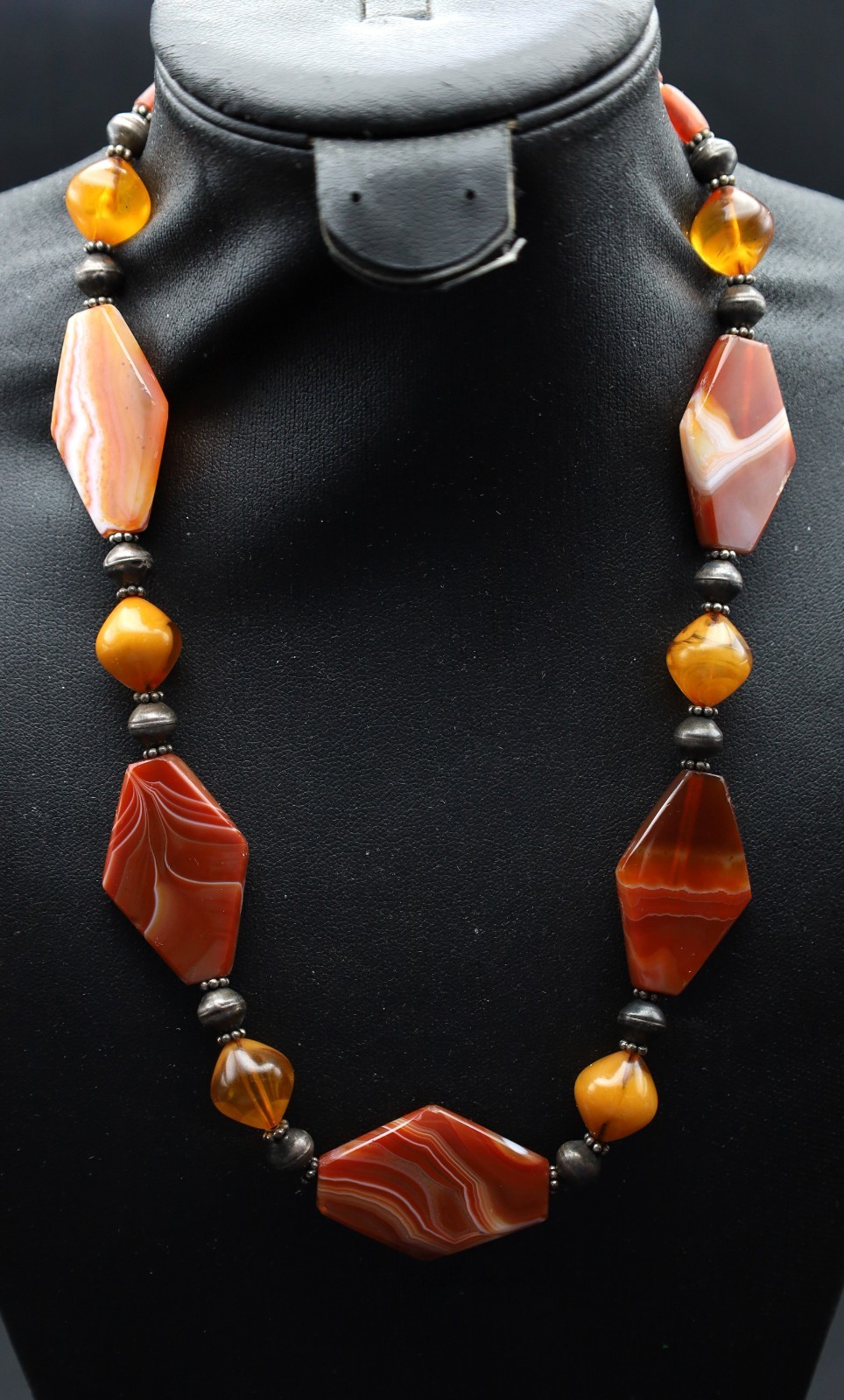 Ancient  Agate & Silver & Amber Beads Necklace (EE3)